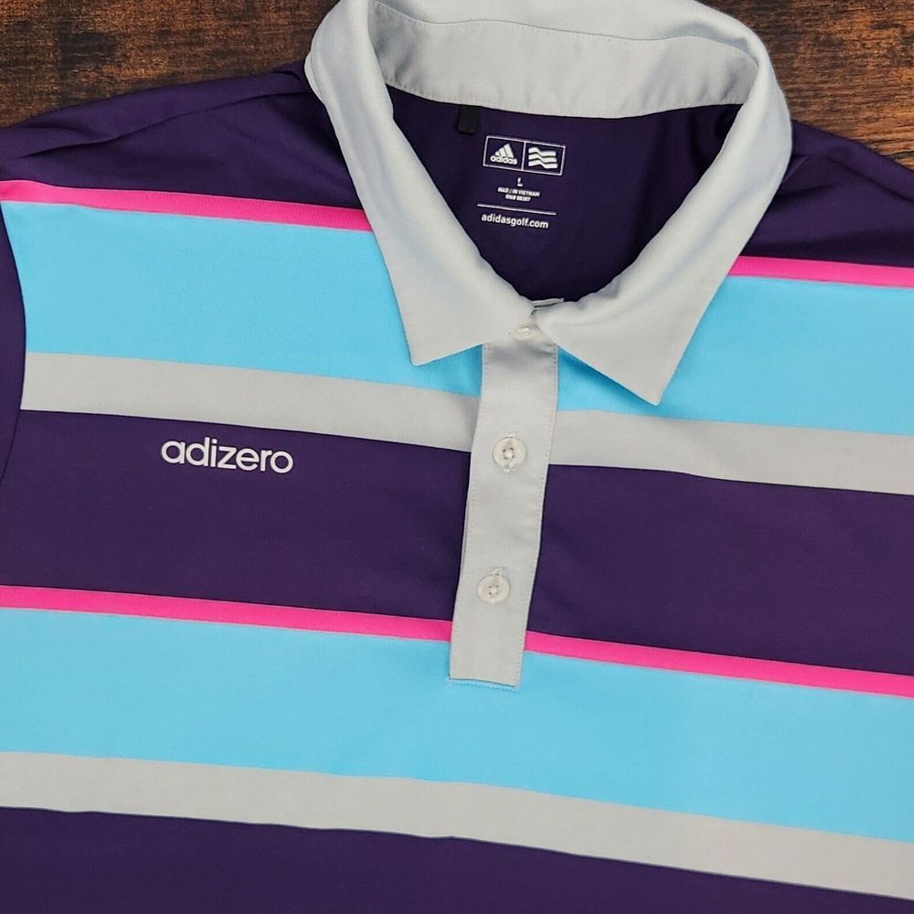 Adidas‎ Adizero Golf Purple Blue Gray Pink Short Sleeve Polo Shirt Mens Large
